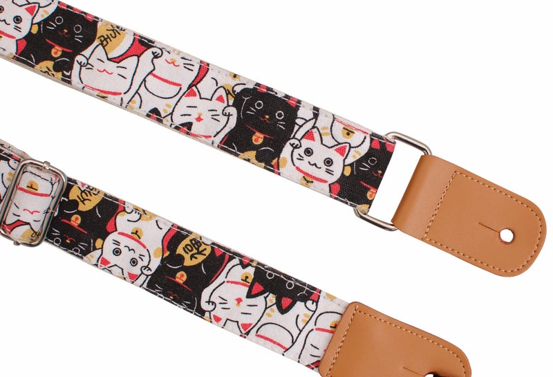 MUSIC FIRST Original Design â€œFortune Cats (Maneki Neko)â€ Soft Canvas & Genuine Leather Ukulele Strap Ukulele Shoulder Strap - Image 4